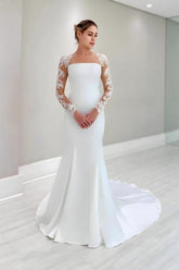 Dressystars Column Satin Lace Sleeve White Wedding Dress Bridal Gown With Appliques