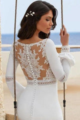 Dressystars Column Satin Sleeve White Wedding Dress Bridal Gown With Appliques