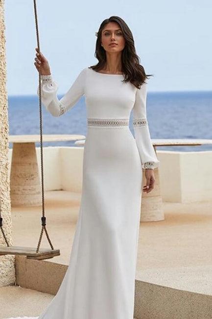 Dressystars Column Satin Sleeve White Wedding Dress Bridal Gown With Appliques