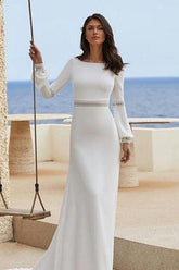 Dressystars Column Satin Sleeve White Wedding Dress Bridal Gown With Appliques