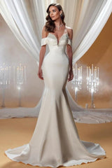 Dressystars Column Satin Wedding Dress Off The Shoulder Sleeveless Ivory Bridal Gown With Beading