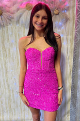 Dressystars Corset Fuchsia Homecoming Dress Sequin Tight Short Prom Dress