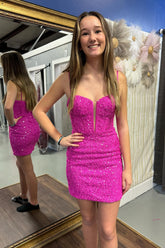 Dressystars Corset Fuchsia Homecoming Dress Sequin Tight Short Prom Dress