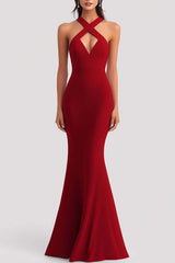 Dressystars Cross Straps Red Wedding Guest Dress Mermaid Satin Formal Dress