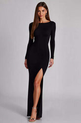 Dressystars Cut Out Jersey Black Wedding Guest Dress Long Sleeves Formal Dress With Slit