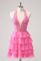Dressystars Cute Pink Homecoming Dress Corset A Line Tiered Short Prom Dress with Appliques