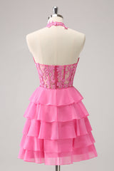 Dressystars Cute Pink Homecoming Dress Corset A Line Tiered Short Prom Dress with Appliques