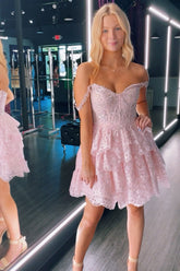 Dressystars Cute Pink Homecoming Dress Off The Shoulder A Line Short Prom Dress with Lace