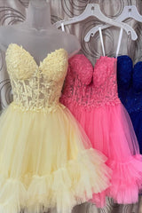 Dressystars Cute Pink Homecoming Dress Strapless Corset A Line Tiered Short Prom Dress