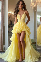 Dressystars Daffodil Yellow Tiered A-Line High-Low Chiffon Prom Dress with Appliques