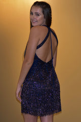 Dressystars Dark Blue Homecoming Dress Open Back Sequin Prom Dress