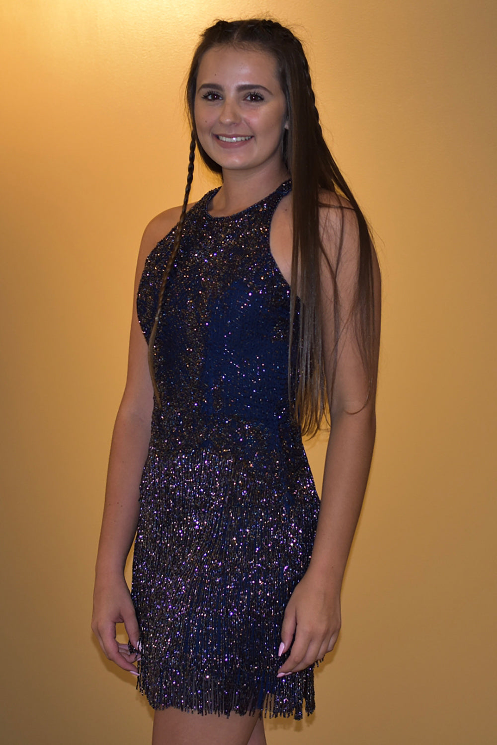 Dressystars Dark Blue Homecoming Dress Open Back Sequin Prom Dress