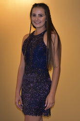 Dressystars Dark Blue Homecoming Dress Open Back Sequin Prom Dress