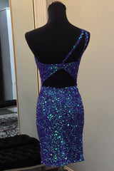 Dressystars Dark Blue Homecoming Dress Sequin Open Back Tight Short Prom Dress