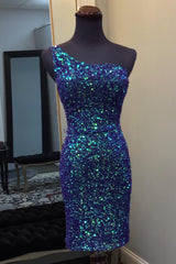 Dressystars Dark Blue Homecoming Dress Sequin Open Back Tight Short Prom Dress