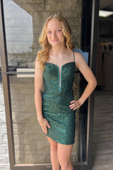 Dressystars Dark Green Homecoming Dress Corset Sequin Sleeveless Tight Prom Dress