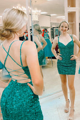 Dressystars Dark Green Homecoming Dress Sequin Lace-Up Back Tight Short Prom Dress