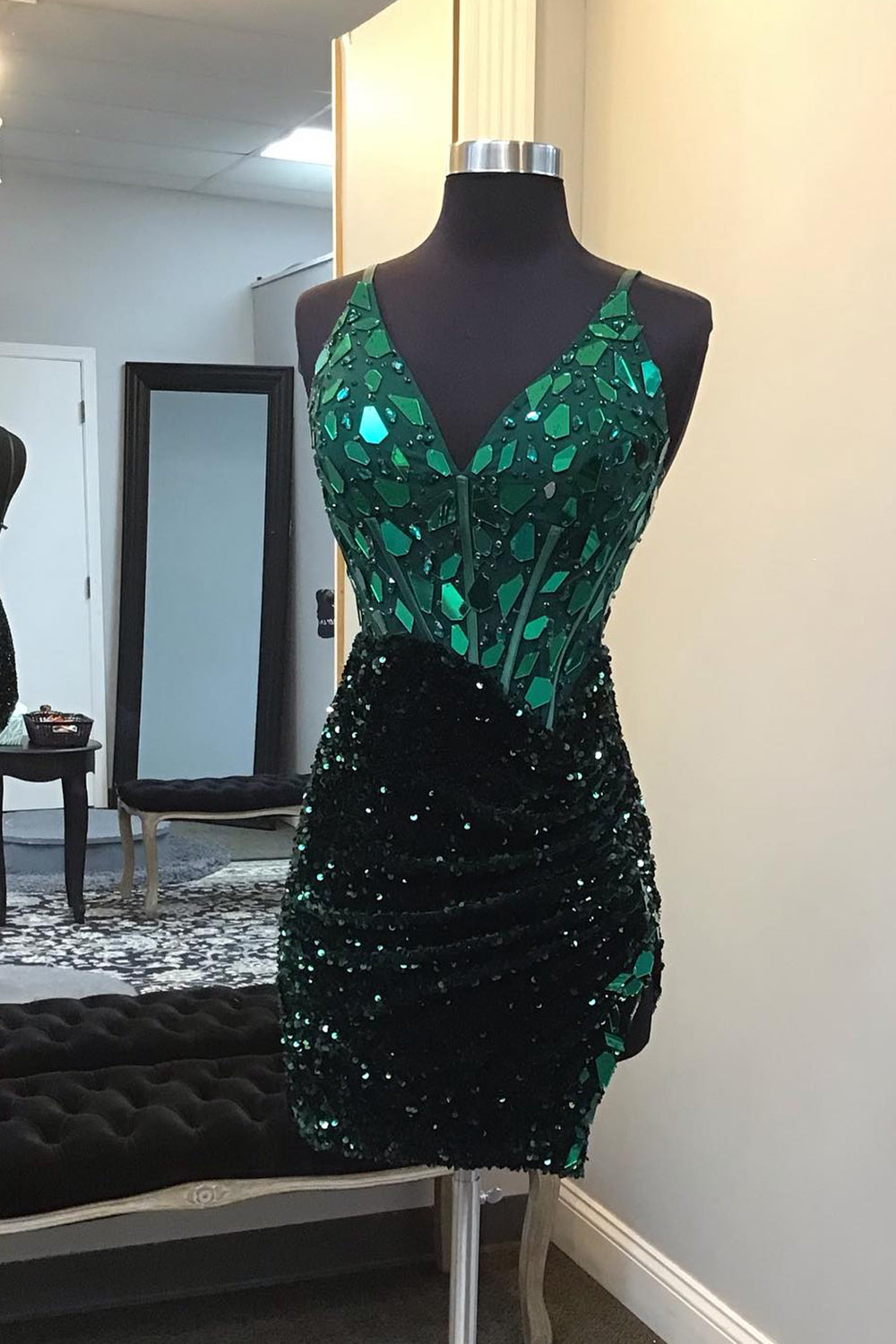 Dressystars Dark Green Homecoming Dress Sequin Mirror Tight Short Prom Dress