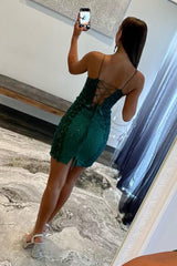 Dressystars Dark Green Homecoming Dress Sequin Tight Short Prom Dress with Appliques