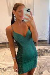 Dressystars Dark Green Homecoming Dress Sequin Tight Short Prom Dress with Appliques
