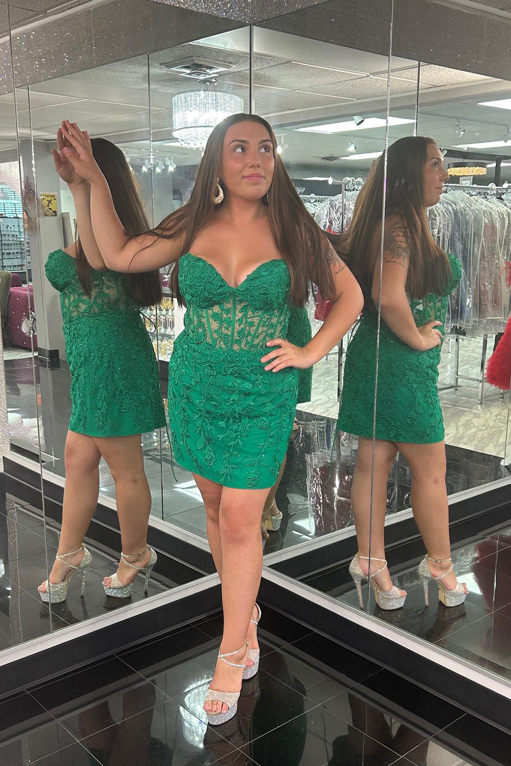 Dressystars Dark Green Homecoming Dress Strapless Corset Tight Short Prom Dress with Appliques