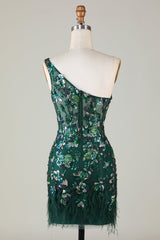 Dressystars Dark Green One Shoulder Sequined Short Homecoming Dress with Feathers