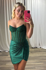 Dressystars Dark Green Tight Homecoming Dresses Ruched Short Corset Cocktail Dresses With Beading