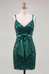 Dressystars Dark Green Tight Sequin Short Homecoming Dress with Bow