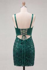 Dressystars Dark Green Tight Sequin Short Homecoming Dress with Bow