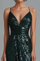 Dressystars Dark Green Wedding Guest Dress Mermaid Spaghetti Straps Sequins Long Formal Dress