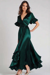Dressystars Dark Green Wedding Guest Dress V-Neck Satin Long Formal Dress With Ruffles