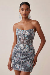 Dressystars Dark Grey Floral Draped Corset Strapless Tight Short Homecoming Dress