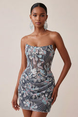 Dressystars Dark Grey Floral Draped Corset Strapless Tight Short Homecoming Dress