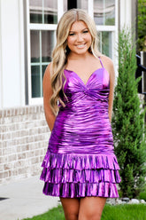 Dressystars Dark Purple Homecoming Dress Spaghetti Straps Tight Metallic Tiered Prom Dress