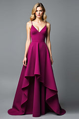 Dressystars Dark Purple Wedding Guest Dress A Line V-Neck Satin Long Formal Dress With Ruffles