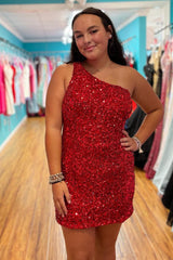 Dressystars Dark Red Homecoming Dress Sequin One Shoulder Tight Short Prom Dress