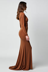 Dressystars Deep V-Neck Caramel Sheath Long Gala Dress With Long Sleeves