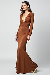Dressystars Deep V-Neck Caramel Sheath Long Gala Dress With Long Sleeves