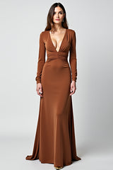 Dressystars Deep V-Neck Caramel Sheath Long Gala Dress With Long Sleeves