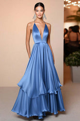 Dressystars Deep V-Neck Floor Length Blue Wedding Guest Dress A Line Satin Formal Dress