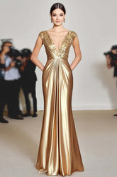 Dressystars Deep V-Neck Gold Ruched Long Gala Dress