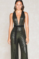 Dressystars Deep V-Neck Olive Wedding Guest Dress Gala Jumpsuits With Belt
