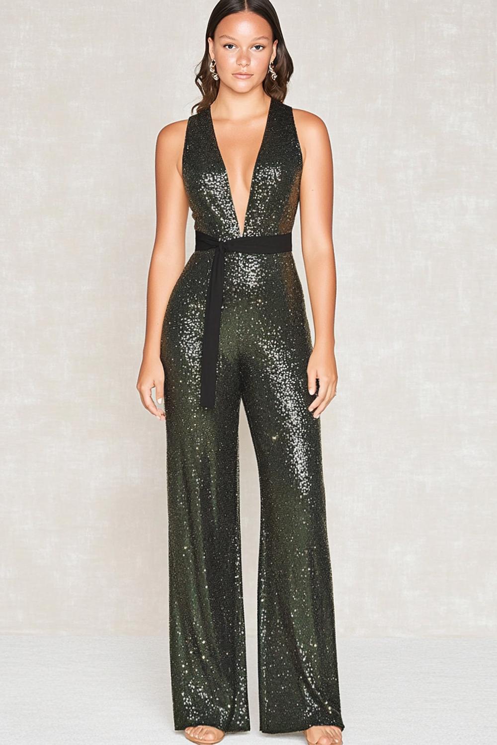 Dressystars Deep V-Neck Olive Wedding Guest Dress Gala Jumpsuits With Belt