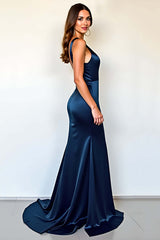 Dressystars Deep V-Neck Satin Navy Wedding Guest Dress Long Formal Dress With Slit