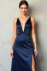Dressystars Deep V-Neck Satin Navy Wedding Guest Dress Long Formal Dress With Slit
