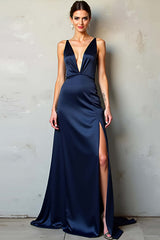 Dressystars Deep V-Neck Satin Navy Wedding Guest Dress Long Formal Dress With Slit