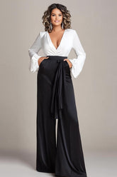 Dressystars Deep V-Neck White And Black Wedding Guest Dress Satin Long Sleeves Formal Jumpsuits