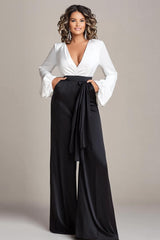 Dressystars Deep V-Neck White And Black Wedding Guest Dress Satin Long Sleeves Formal Jumpsuits