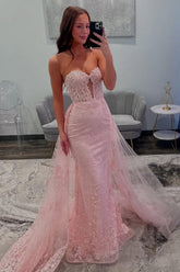 Dressystars Pink Mermaid Sweetheart Lace Prom Dress With Tulle Train Formal Evening Gown