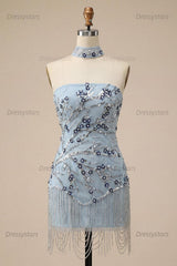 Dressystars Dusty Blue Floral Fringed Sequins Tight Short Homecoming Dress